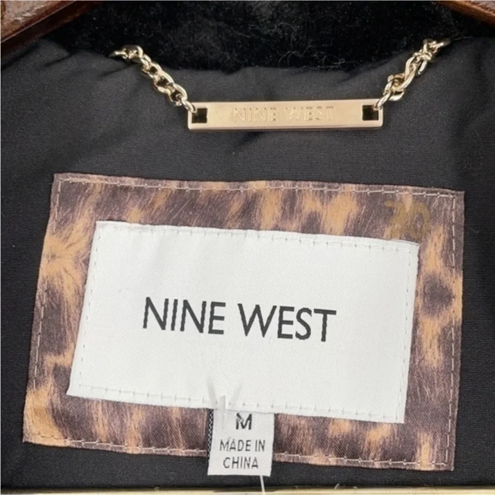 NINE WEST black faux fur trim hooded quilted parka coat